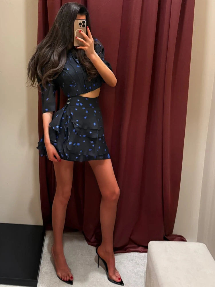 Floral Print Two Piece Set Women Puff Sleeve Crop Top Layered Ruffle Sexy Mini Skirt Sets Lady 2026 Summer Boho Beach Outfit