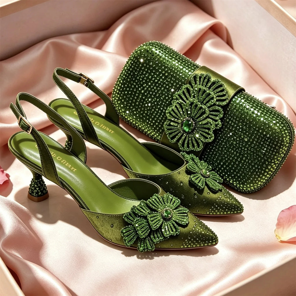 New Design Women Nigerian Italian Shoes and Bags Set Decorated with Rhinestone Women Shoes and Bags To Match Set Italy Lady