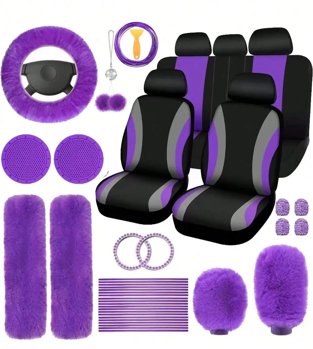35-Piece Car Seat Cover Set With Steering Wheel Cover, Cup Holder Coasters, Shoulder Pads, And Accessories - Polyester Fabric Interior Decor Kit Without Filler,Purple