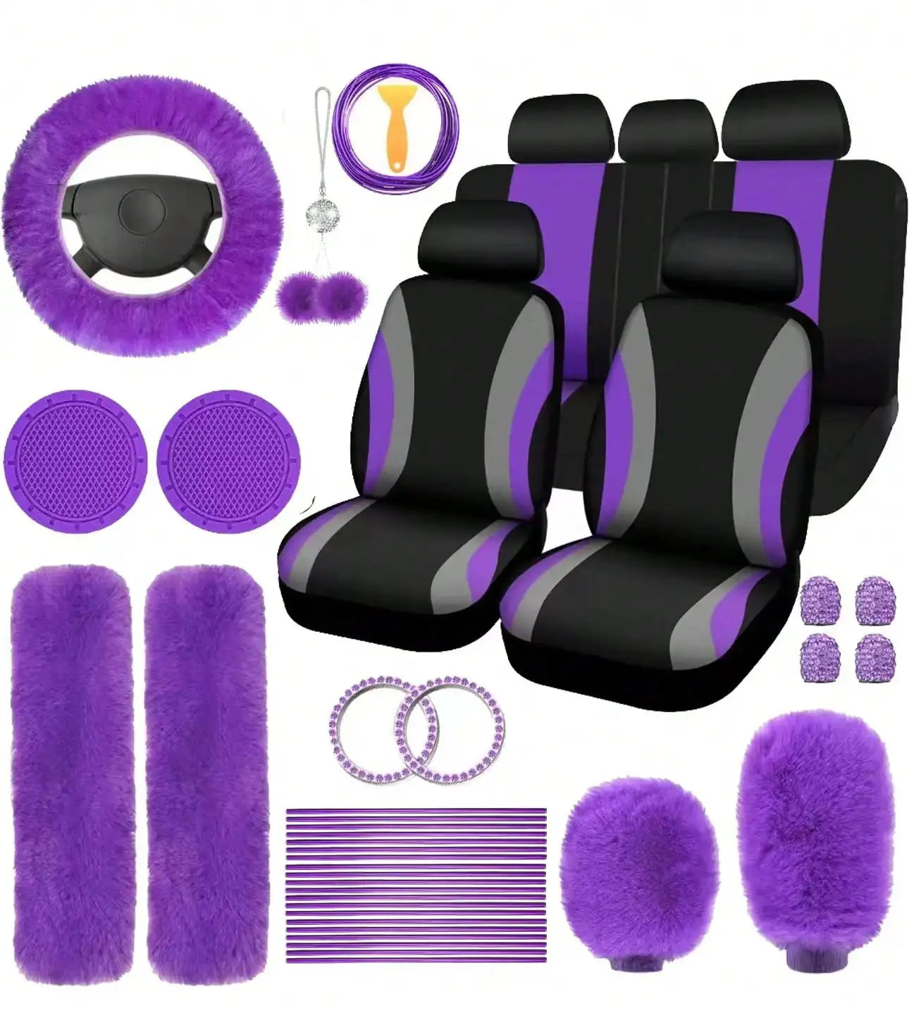 35-Piece Car Seat Cover Set With Steering Wheel Cover, Cup Holder Coasters, Shoulder Pads, And Accessories - Polyester Fabric Interior Decor Kit Without Filler,Purple