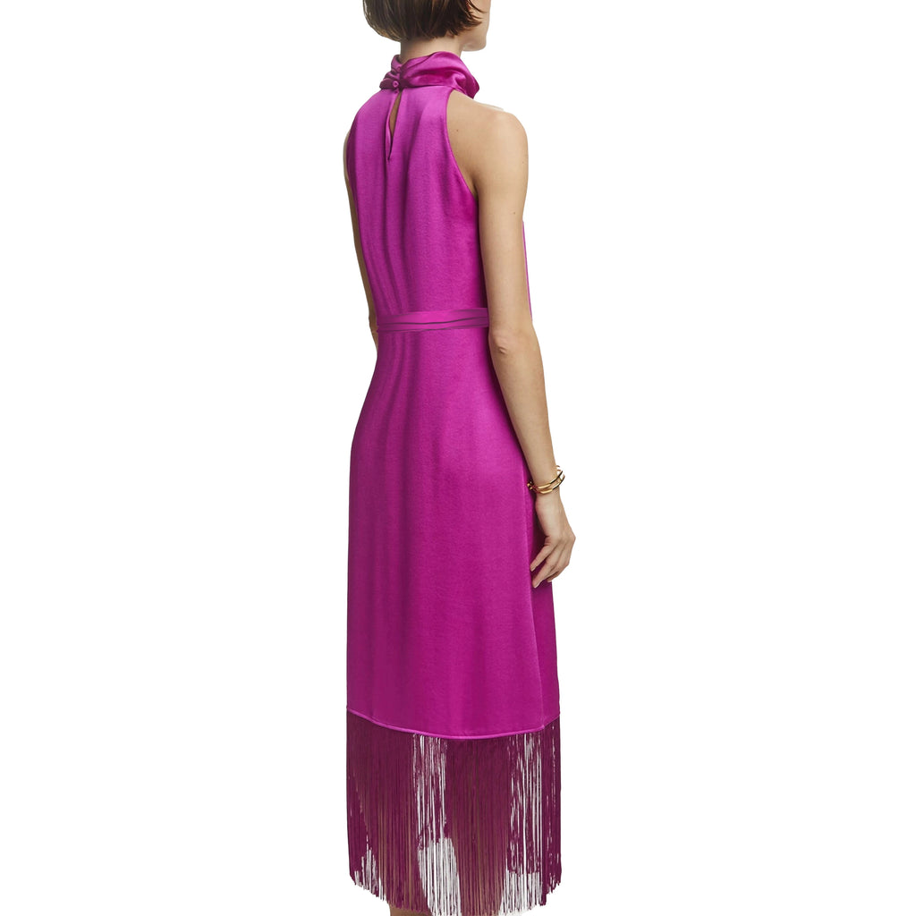CHCH New Women Party Dress Hanging Neck Style Dress High Collar Sleeveless Fringe Skirt Hem Belt Evening Dresse