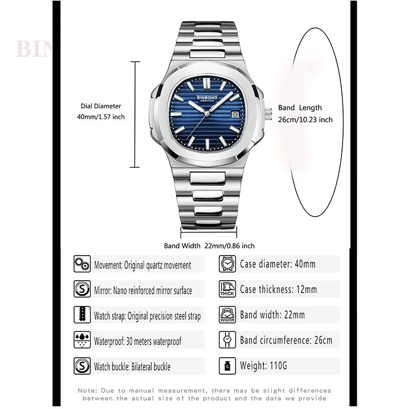 BINBOND Top Brand Luxury Men Quartz Watch Waterproof Date Male Clock Stainless Steel Business Mens Watches Relogio Masculino