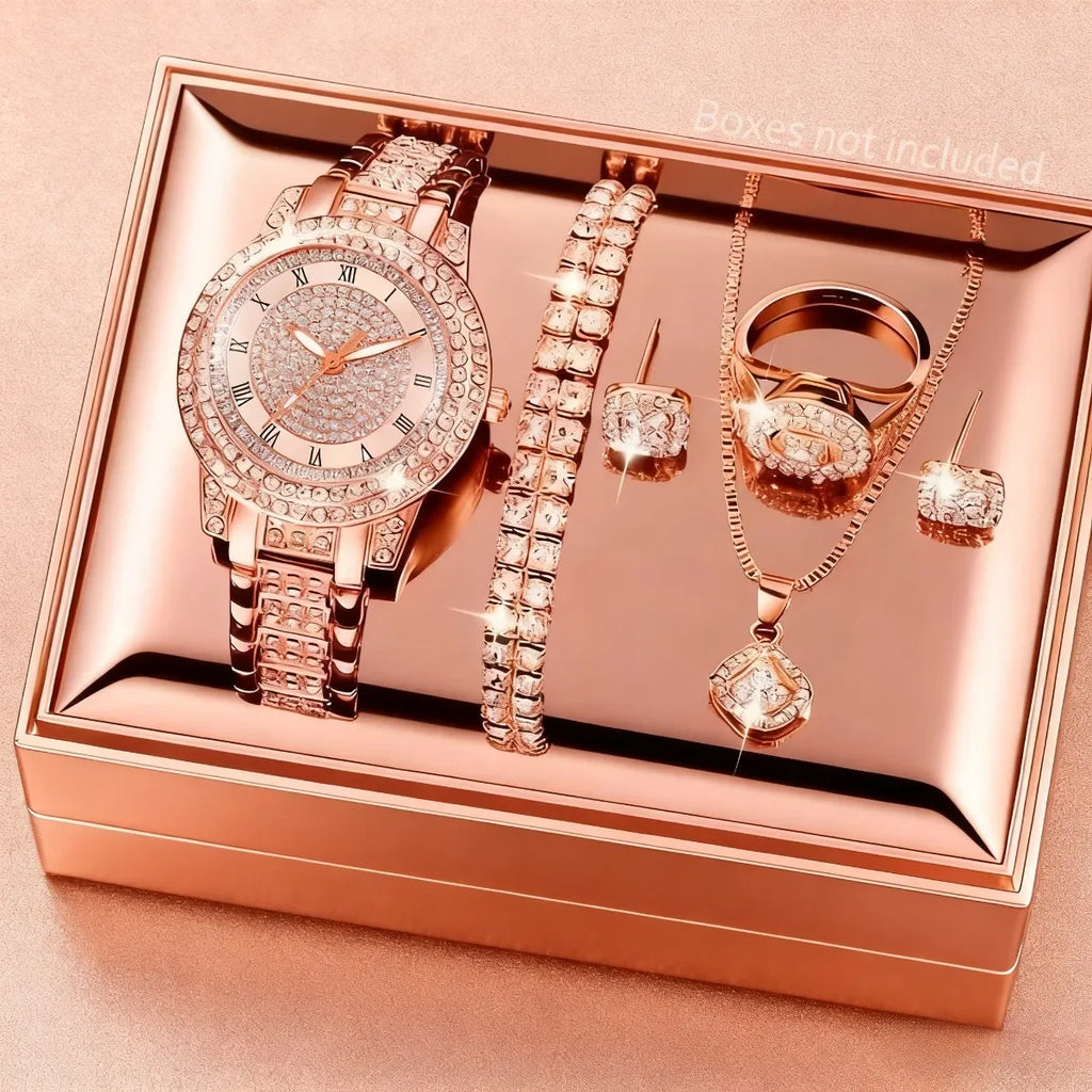 Women Rose Gold Diamond Watch 6Pcs Jewelry Set Necklace Earrings Bracelet Ring Luxury Gift For Her