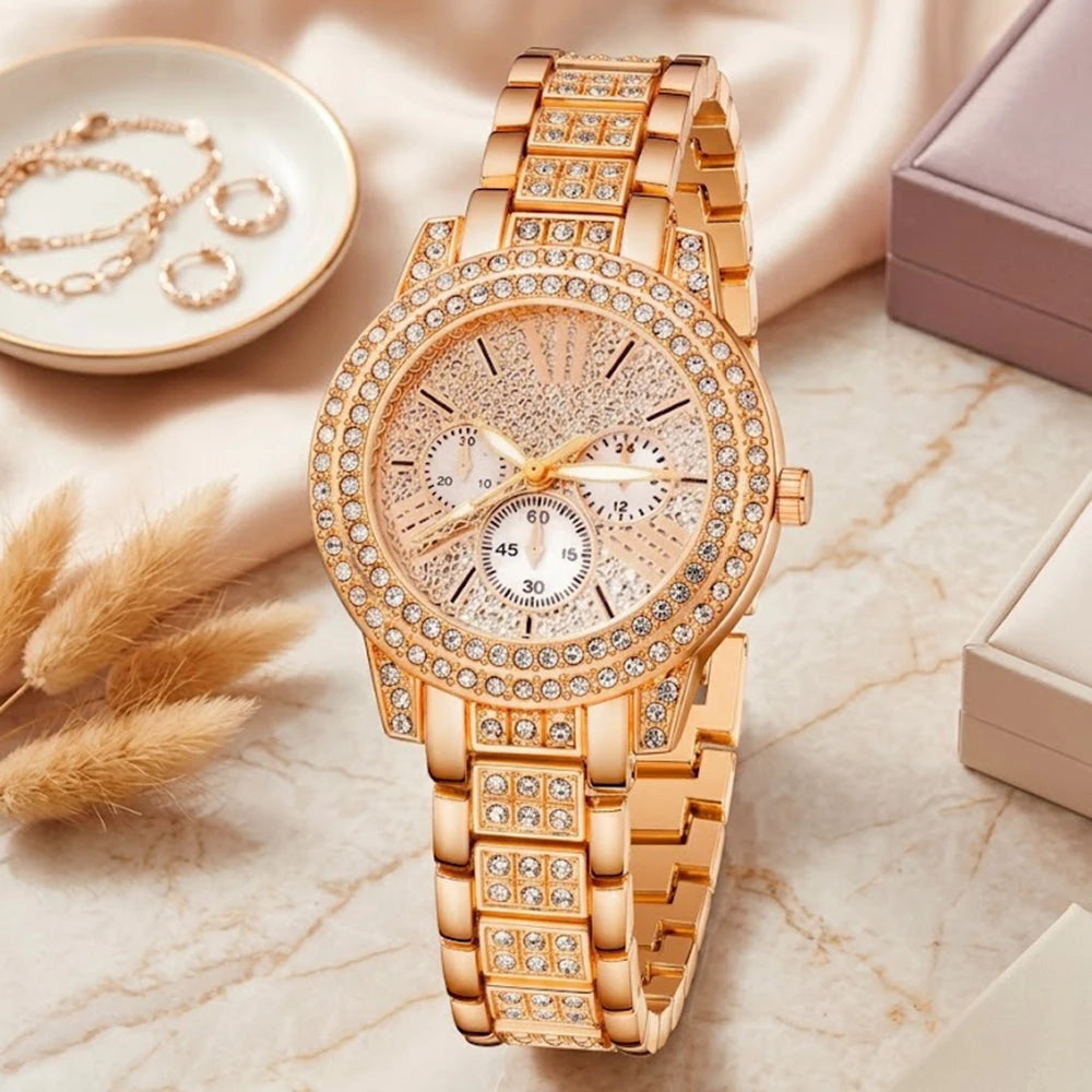 5Pcs/Set Unisex Jewelry Watches Women's Wristwatch Accessories Rose Gold Fashion Trendy Business Elegant Classic Exquisite Light Luxury Rhinestone Luxury Bracelet Watch Set Y2K Suitable for Daily Outfits and Our Holiday Gifts