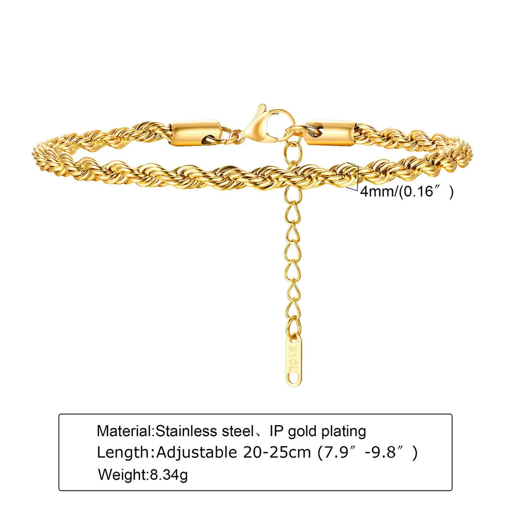 Hip Hop Men's Stainless Steel Rope Chain Bracelets,2/3/4/5mm Gold Color Adjustable Twisted Chain Wristband,Punk Casual Jewelry