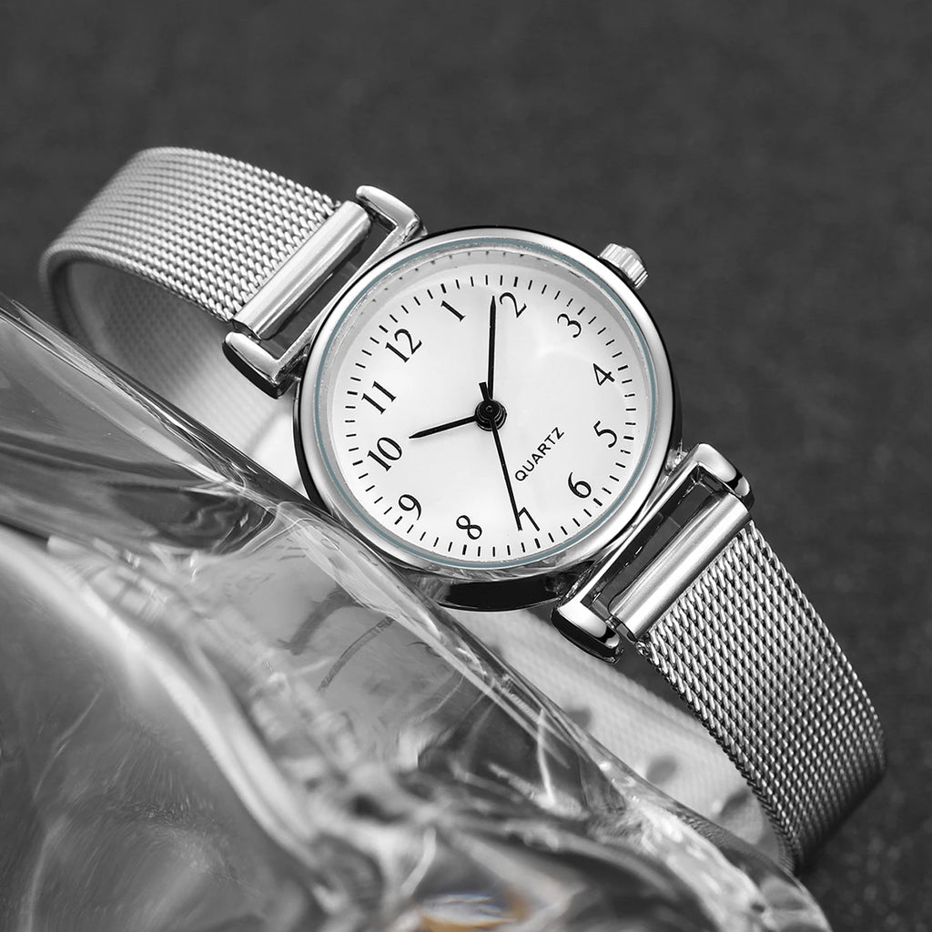 6PCS Fashion Women Watches Small Arabic Dial Quartz Watch Ladies Silver Mesh Band Wristwatches Jewelry Reloj Mujer（Without Box）