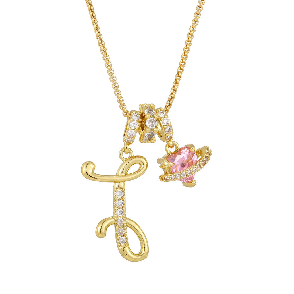 Fashion Letter Necklace Pink for Women  Zircon Heart Pendant Suitable for Personalized Stainless Steel Luxury Jewelry for Girls