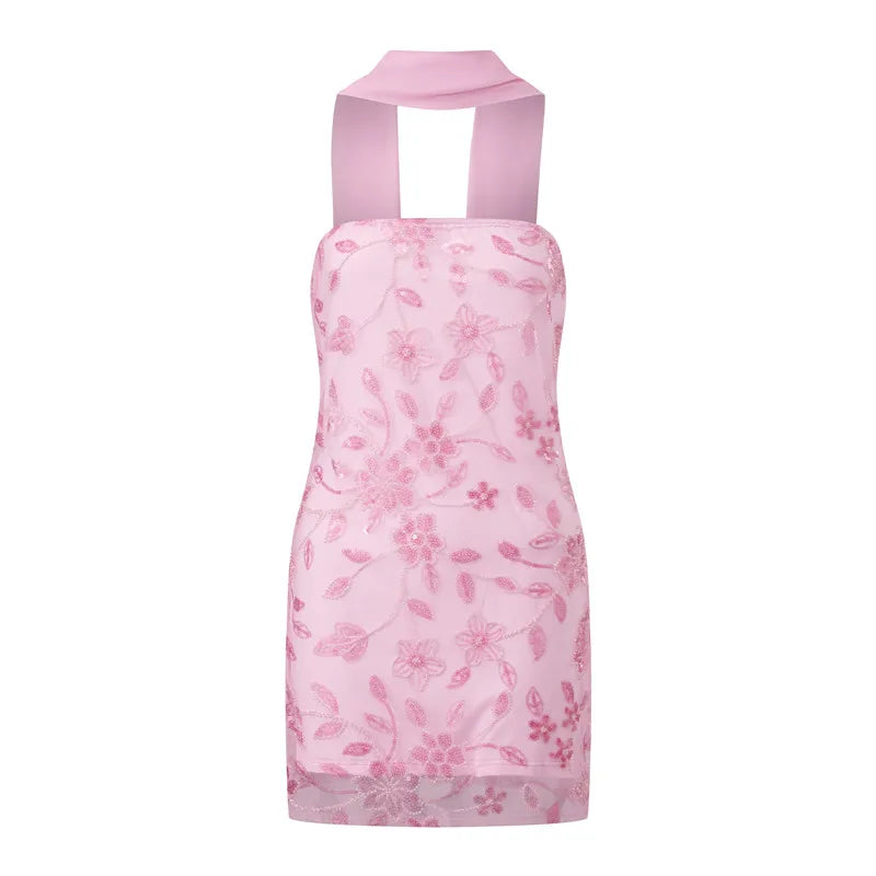 hirigin Fashion Women Summer Sequin Mini Bandeau Dress Sleeveless Off Shoulder Flower Embroidery Tube Top Dress with Scarf