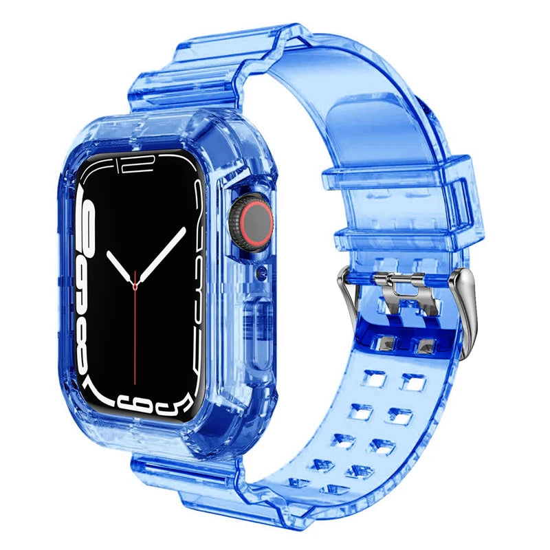 Clear Band + Case for Apple Watch Series 9 8 7 49mm 45mm 44mm 42mm 41mm Transparent Plastic Strap for iwatch 6 SE 5 4 38mm 40mm