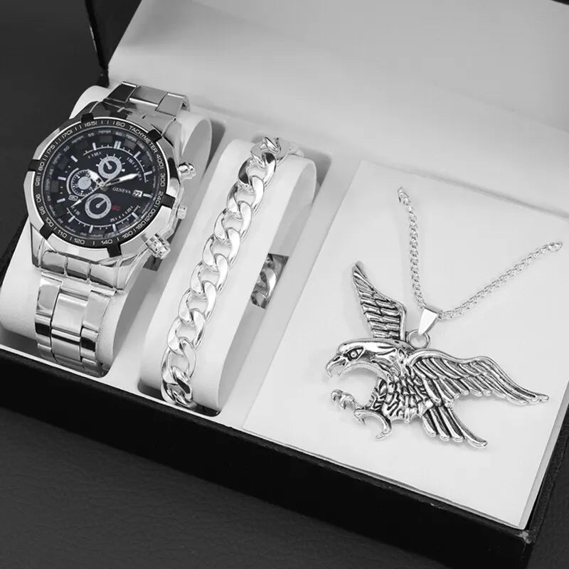 3PCS Set Luxury Fashion Mens Watches Men Business Quartz Watch Male Casual Necklace Bracelet Wristwatch