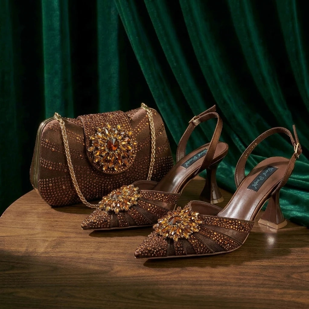 2026 Women's Elegant Green Rhinestone Slingback Heels & Matching Handbag Set COMFORT INCLUDED Stylish Pointed Toe Design Shoes