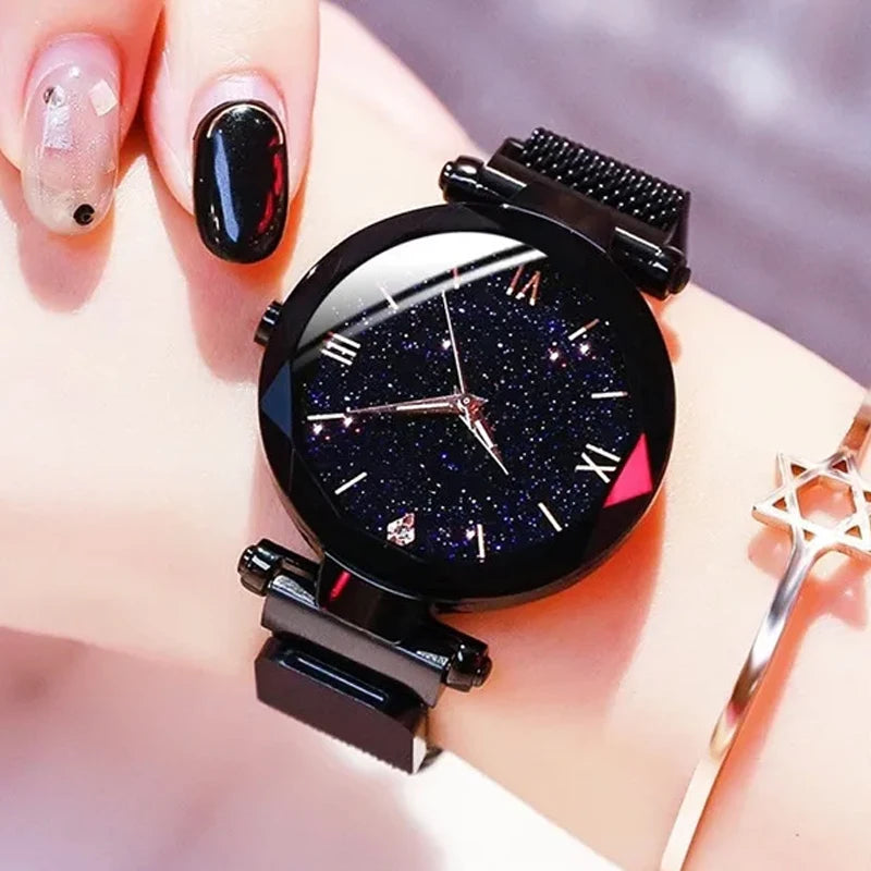 1pcs Moda Feminina Starry Sky Relógios Magnet Buckle Mesh Belt Diamante Quartz Watch Mulheres Vestido Relógio