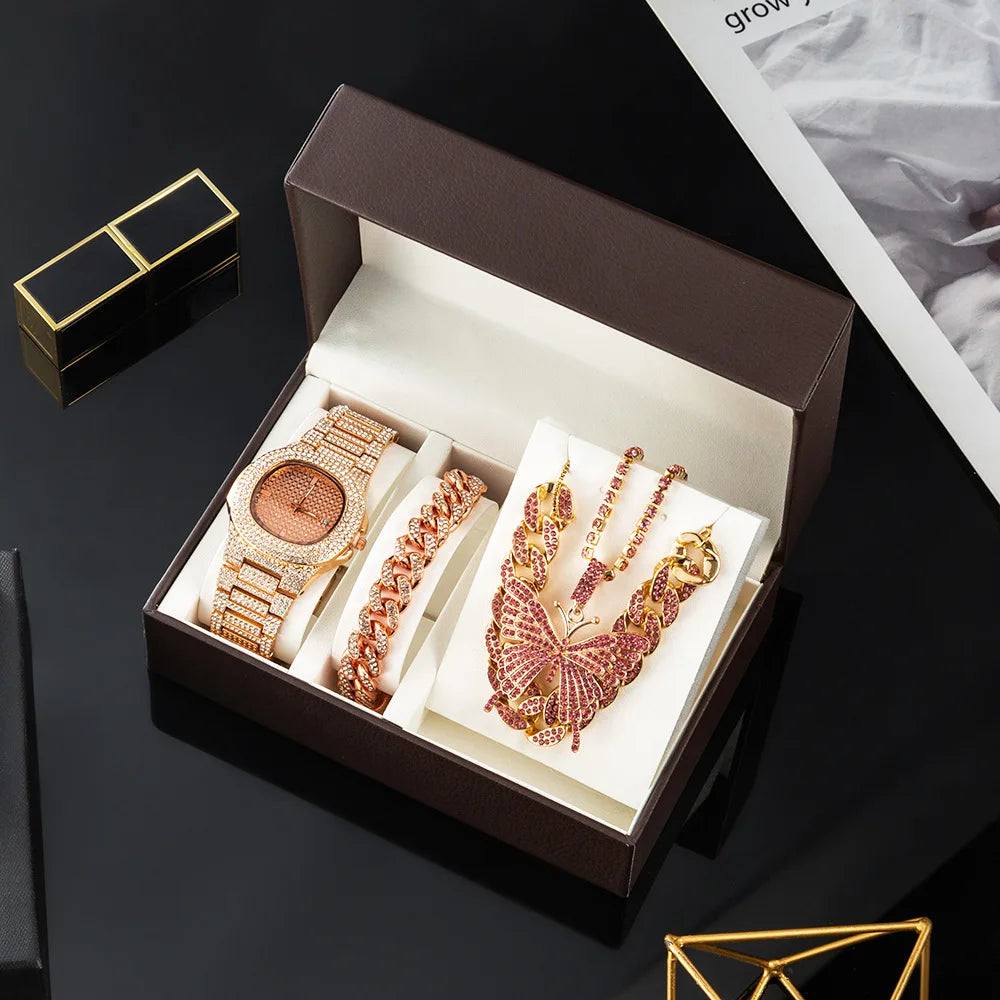 Fashion Women Watch Set Gift Box Bracelet Necklace Cuban Chain Butterfly Diamond Bling Jewelry Set Gifts for Women Drop Shipping