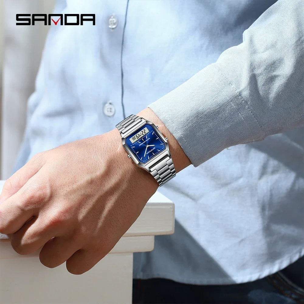 SANDA 747 Men's Quartz Digital Watch Waterproof Casual Fashion Watch Wear-resistant Stainless Steel Couple Strap Square Watch