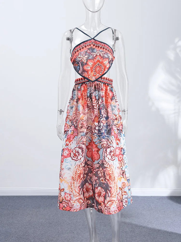 Women Printed V Neck Long Dress Flared Sleeve Lotus Leaf Edge High Waist Slim Fit Maxi Dresses Lady Elegant Evening Party Dress