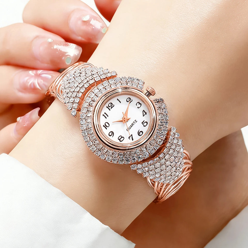 5PCS Luxury Diamond Watch Necklace Earrings Ring Set Fashion Women Crystal Bangle Quartz Wristwatch Jewelry Gifts（Without Box）