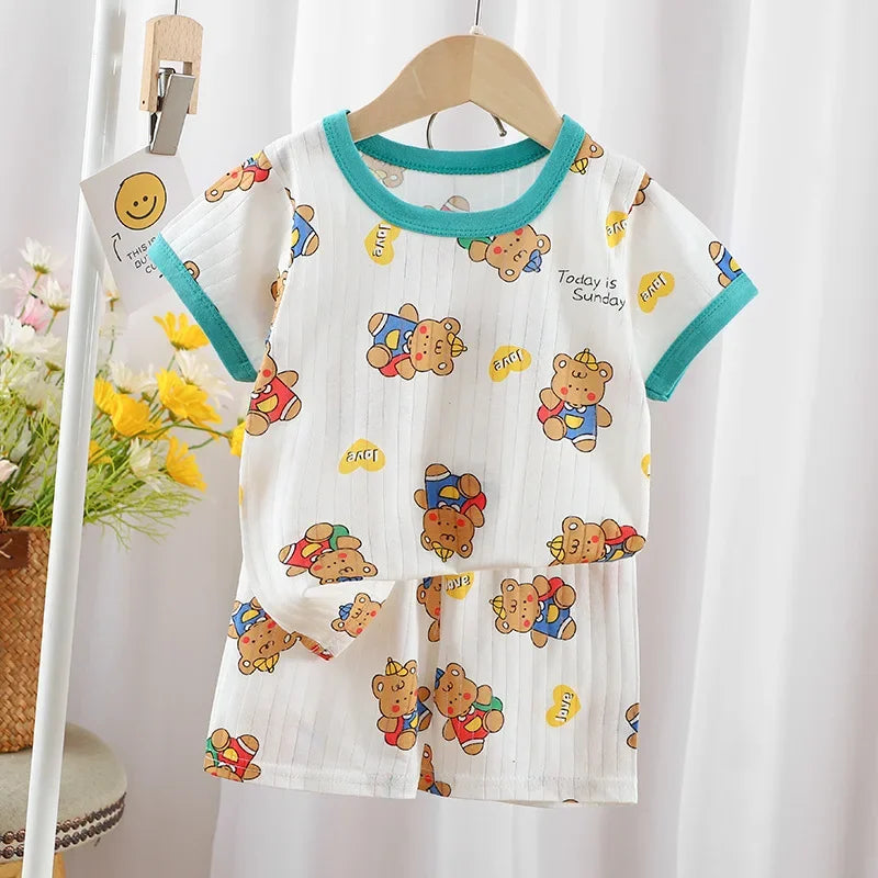 2024 New Summer Children's Clothing Boys Girls Short-sleeved Shorts Suit Baby T-shirt + Pants  Pure Cotton Clothes Set