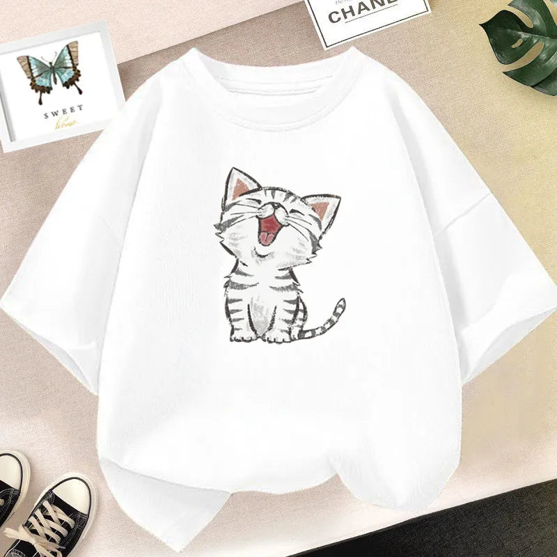 Girls Clothes 2024 Summer Fashion T-Shirt Fun And Cute Cat Kitten Print Short-Sleeved Tops Children Summer Clothes