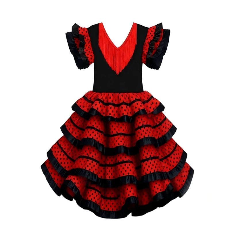 Girls Spanish Flamenco Dress Red Polka Dot Cake Puff Kids Carnival Halloween Party Stage Show Cosplay Festival Dance Costume