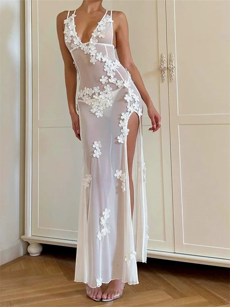 Women See Through Mesh Long Dress 2026 Summer 3D Flower Sleeveless V Neck Split Midi Dress Beach Club Sexy Dresses Cover-ups