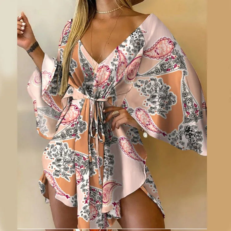 Sexy V Neck Long Batwing Sleeve Floral Print Loose Asymmetrical Dress Summer Women Irregular Leaf Print Party Boho Dresses