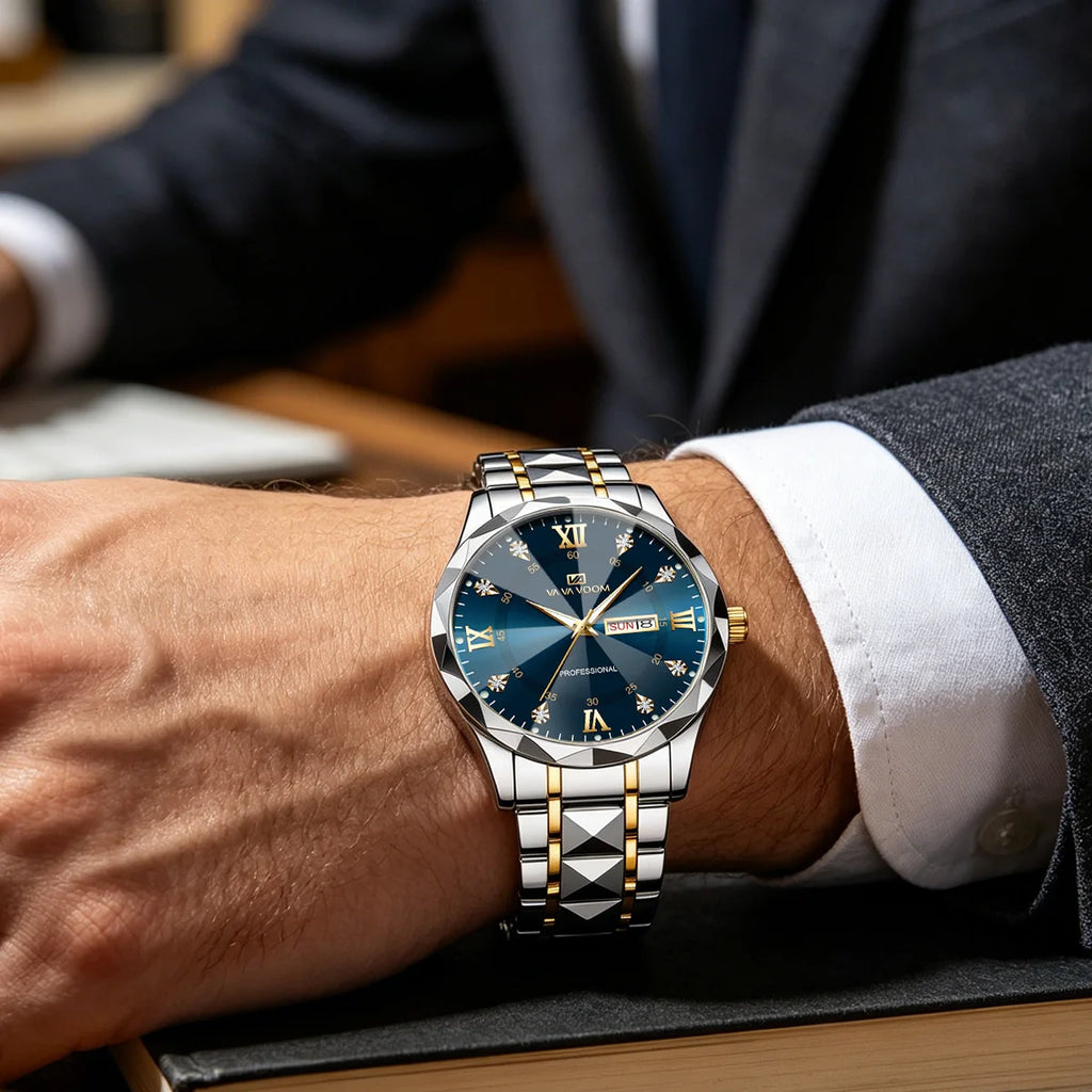 Stainless Steel Watch Men Dual Tone Strap 41mm Blue Rhinestone Dial Quartz Business Clock Suitable Dinners Dates Formal Watches
