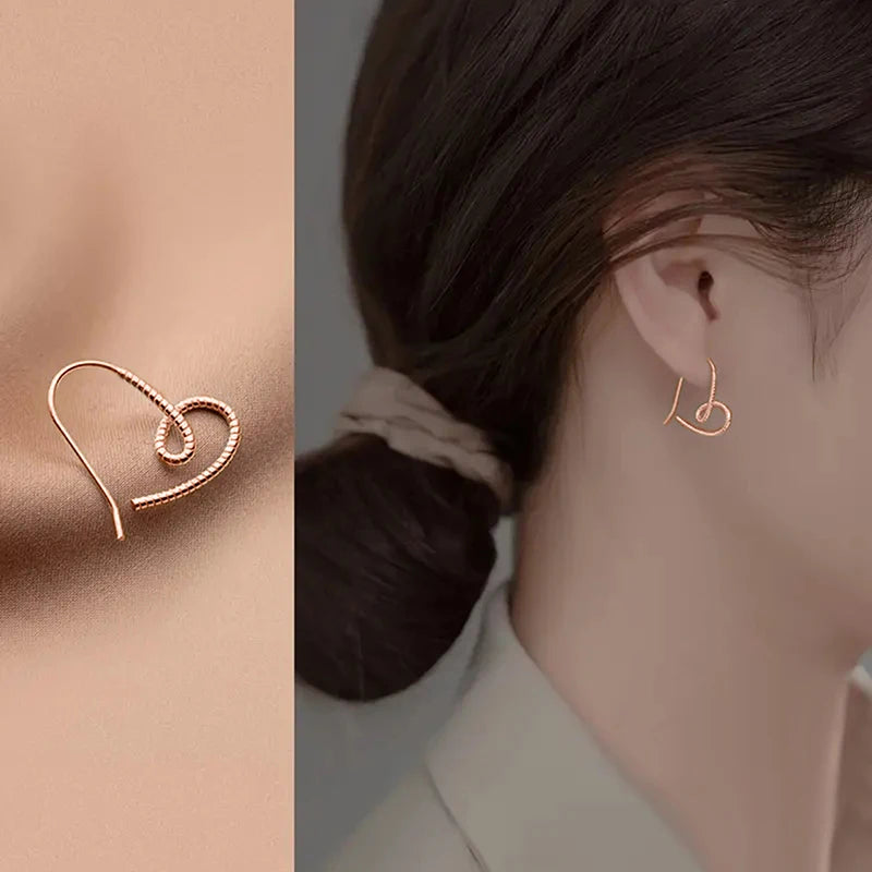 Huitan Twist Design Heart Ear Hook Female Simple Fashion Pierced Earrings Metallic Style Accessories Love Jewelry for Daily Wear