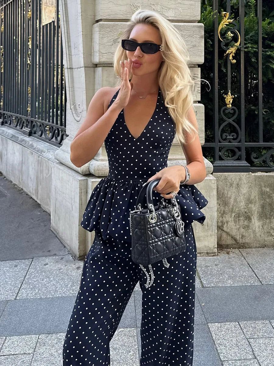TARUXY Polka Dot Print Trousers Set Female Spring Summer Hot Girls Sexy V-Neck Halter Neck Strap Top Wide-Leg Pants Women's Suit