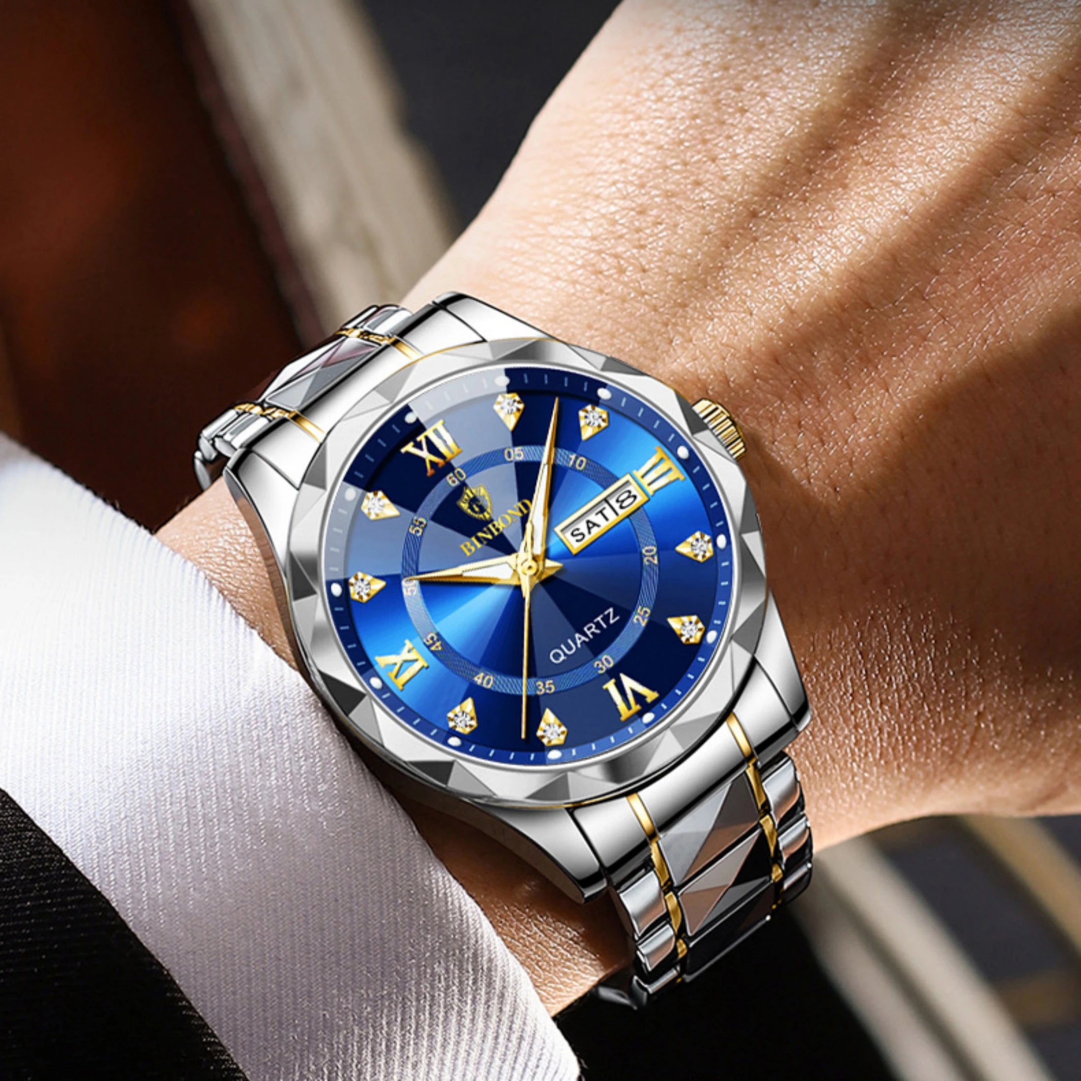 Business Watch Fashion Men's Watch 30M Waterproof Calendar Date Function Rhinestone Blue Dial Stainless Steel Strap Quartz Watch