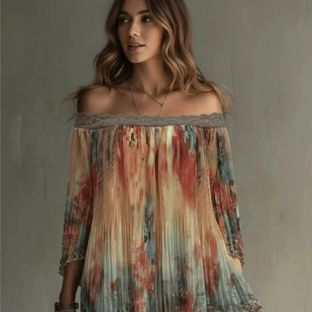 Retro Floral Print Off-Shoulder Dress Loose Lace Trim Summer Skirt Bohemian Leopard A-Line Fold Dress Casual Vacation