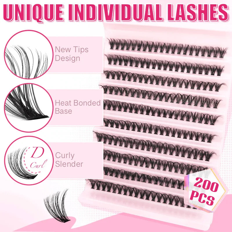 MIAOJIE 200pcs 30D Cluster False Eyelashes Set, DIY Eyelash Extensions, 0.05mm Thickness, D Curl, Mixed Lengths 8-16mm