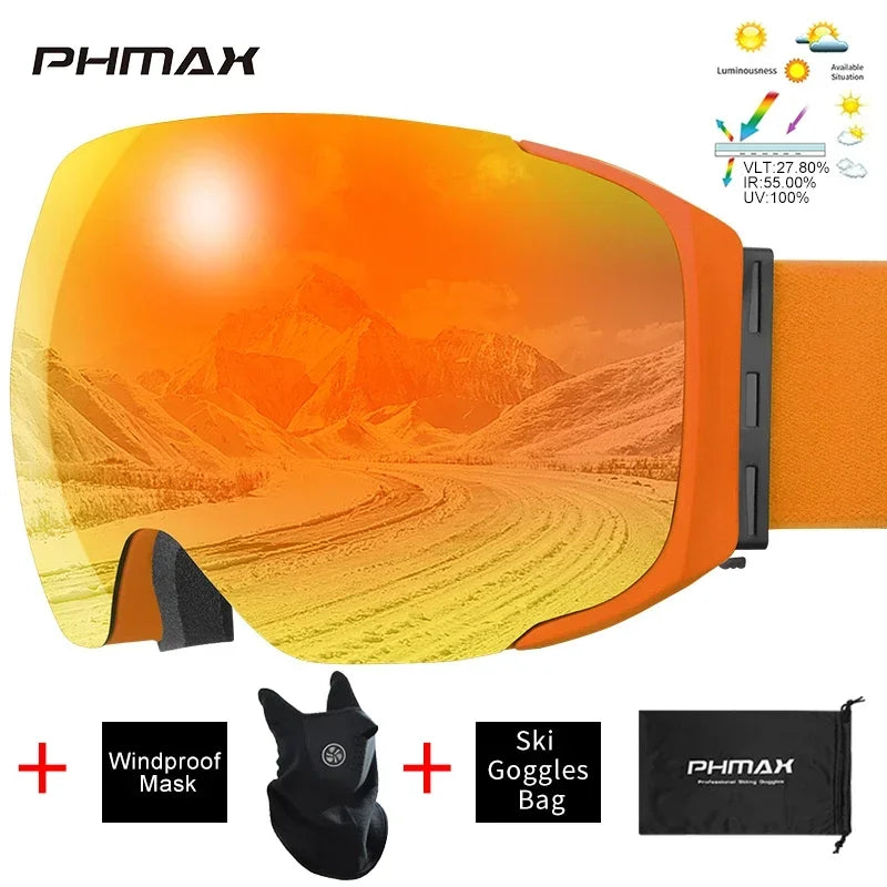 PHMAX Ski Goggles UV400 Anti-fog Eyewear Magnetic Lens Women Men Outdoor Sports Mountain Snowboard Big Snow Goggles With Mask