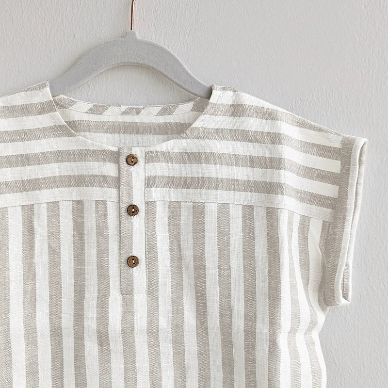 Boys Cotton And Linen Striped Casual T-Shirt 2026 Summer New Children's Round Neck Buttons Short-Sleeved Linen Tops TZ417