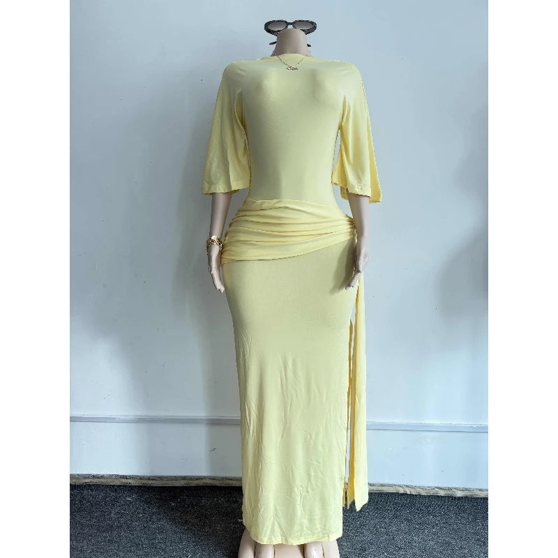 Joskaa Elegant O-Neck Half Sleeve Backless Ruched Slit Bodycon Maxi Dress for Woman 2025 Fall Birthday Evening Vacation Clubwear