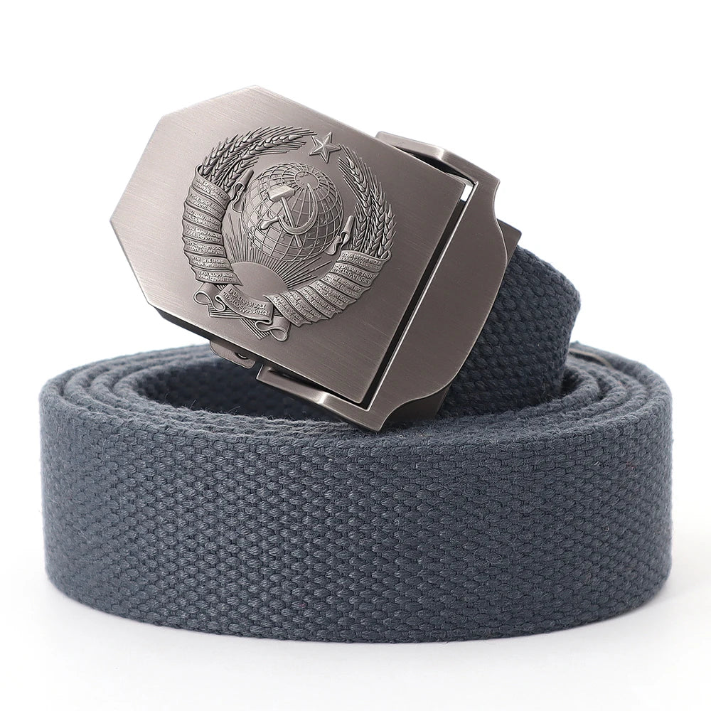 Mens Canvas Outdoor Tactical Army Belt 3D Soviet National Emblem Metal Buckle Unisex Jeans Belt for Men Military Training Belts