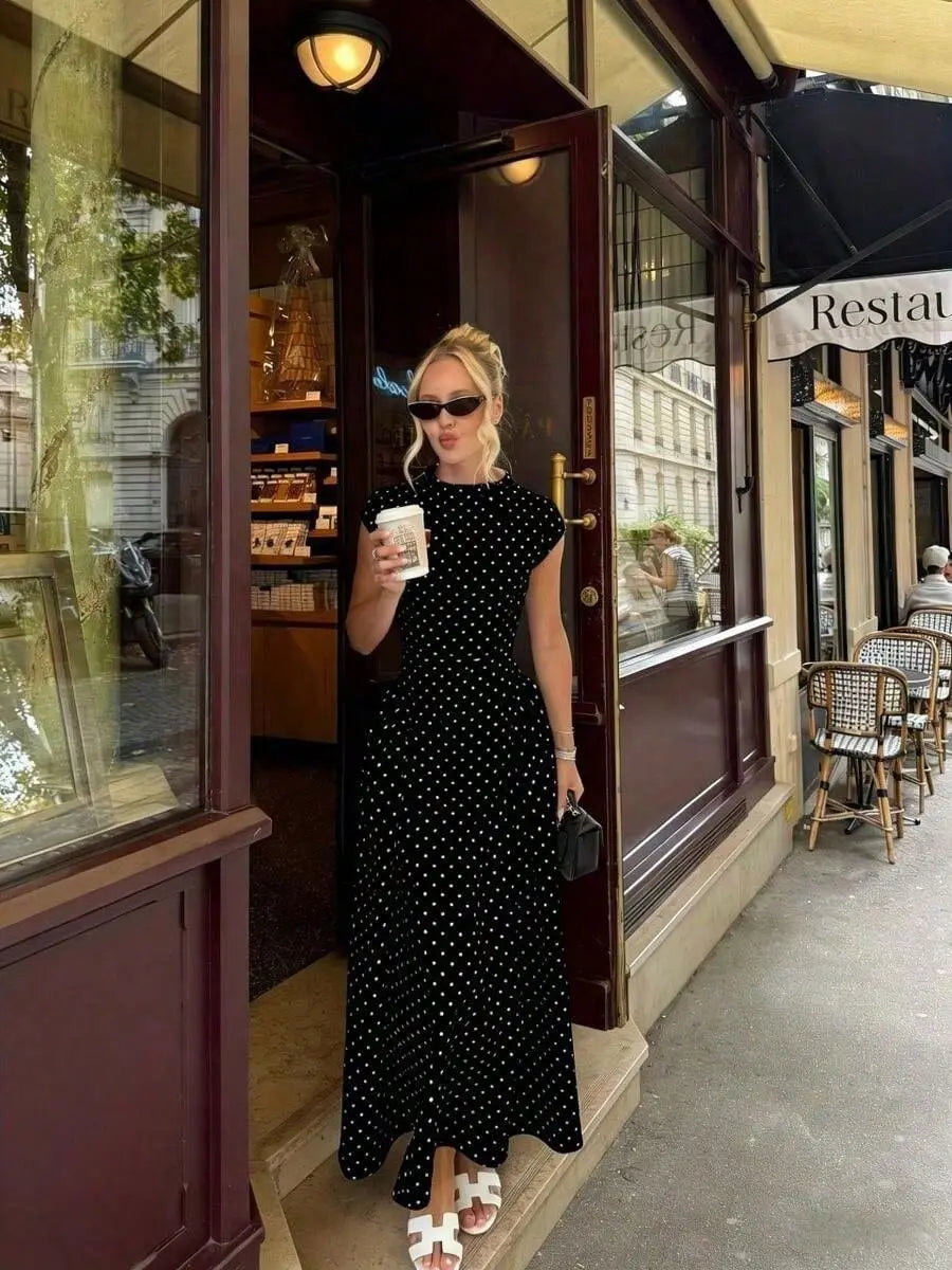 Elegant Polka Dot Long Dress Women's High Waist A-line Maxi Dresses Evening Party Summer Holiday Resort Blue Black Green White