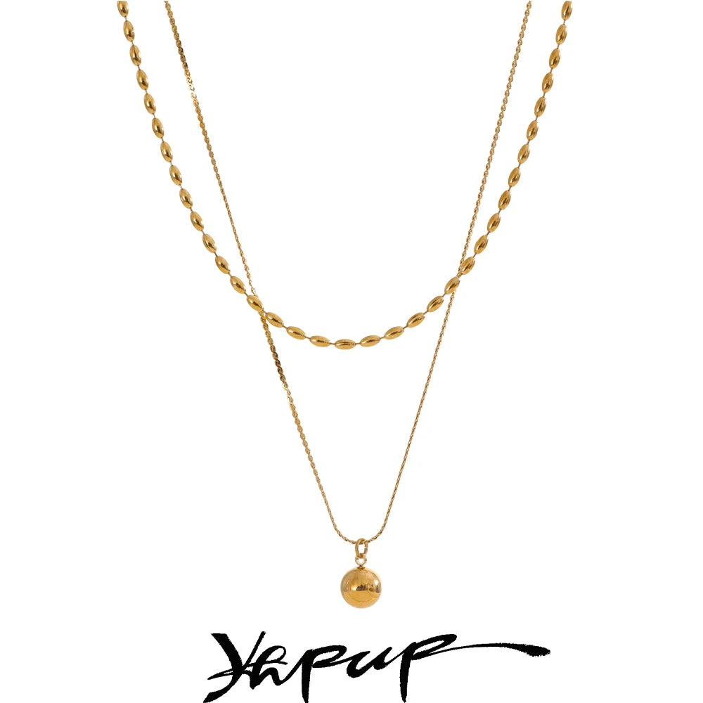 Yhpup Popular Stainless Steel Double Layer Chain Overlay Necklace Drop Beads Daily Arrivals Jewelry Water Resistant