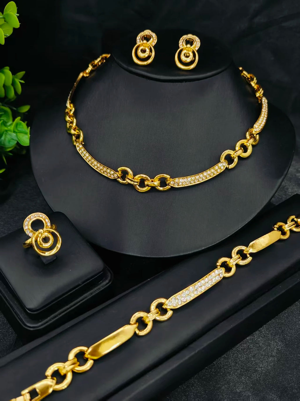 Luxury 24K Plated Gold Italy Dubai Necklace Earrings Bracelet Ring For Women Party Gift ﻿Jewelry Set