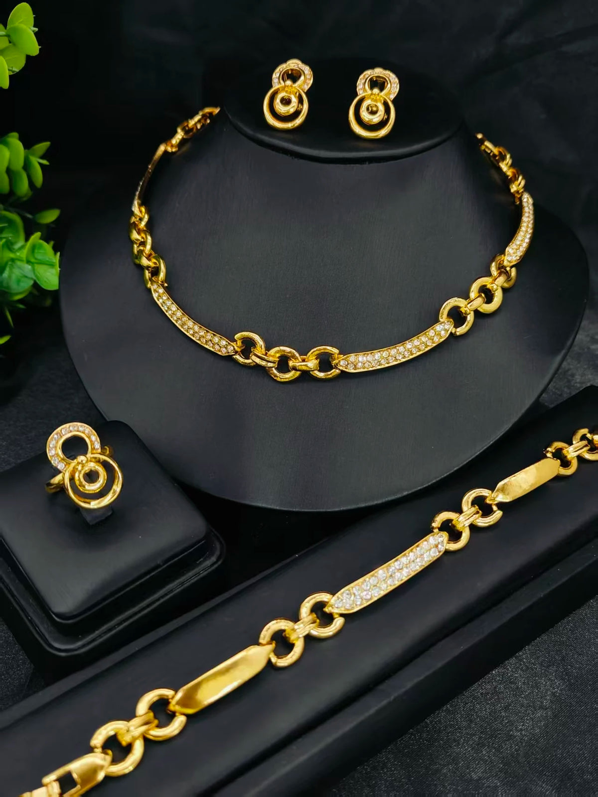 Luxury 24K Plated Gold Italy Dubai Necklace Earrings Bracelet Ring For Women Party Gift ﻿Jewelry Set