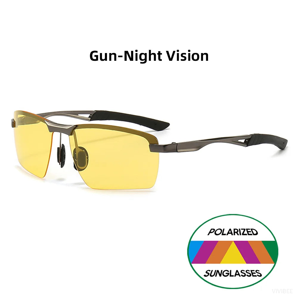 Men Day and Night Vision Glasses for Driving Yellow Polarized Lens Metal Rimless Frame UV400 Goggles Anti Glare Sunglasses