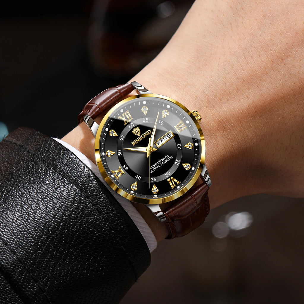 BINBOND quartz watches for men luxury sturdy luminous waterproof auto date week display accurate men's watch business reloj