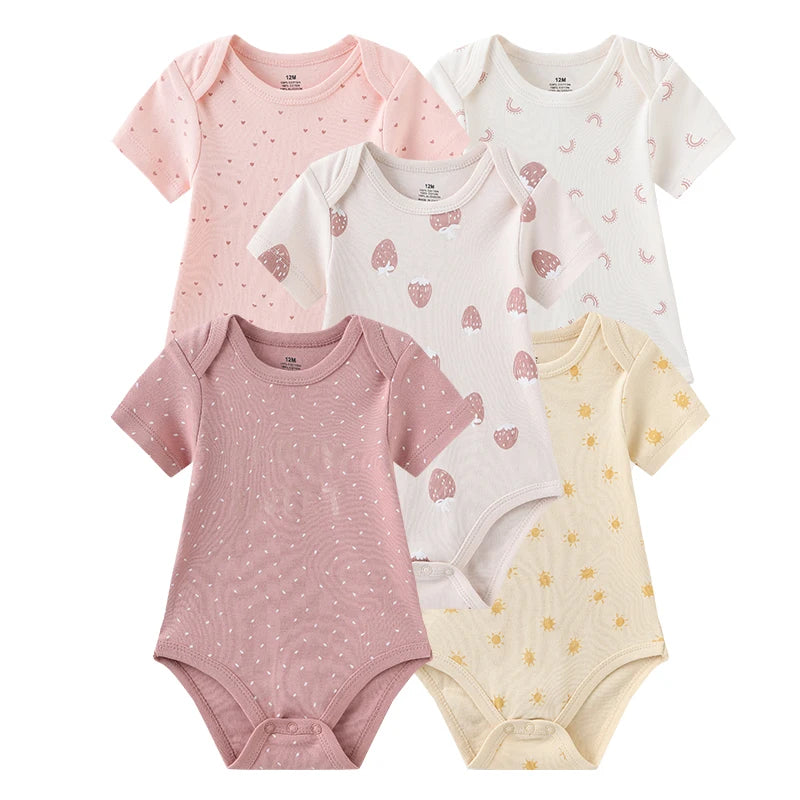 Newborn Bodysuits Unisex 5Pieces Baby Girl Clothes Solid Color Cotton Baby Boy Clothes Set Cartoon Print Summer Bebes