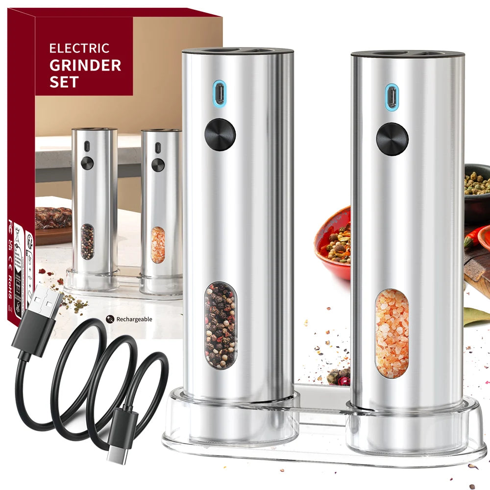 USB Rechargeable Salt and Pepper Grinder Set Stainless Steel Electric Pepper Grinder With 110ml Container Automatic Pepper Mills