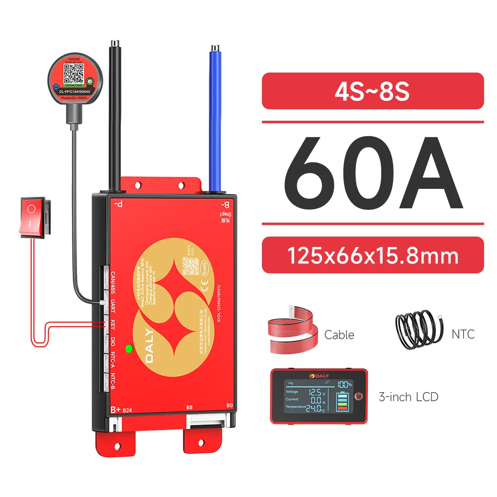 DALY Smart BMS 4S 8S 16S 40A 60A 100A 150A 200A 12V 24V 48V LiFePo4 1A Active Balance BMS with LCD RS485 UART WIFI KEY
