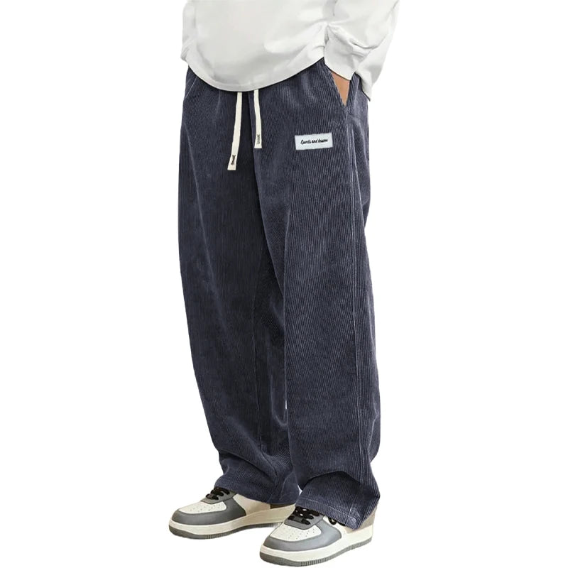 Autumn Mens Corduroy Casual Pants Fashion Loose Fit Pants Straight Sweatpants Elastic Waist Drawstring Outdoor Streetwear