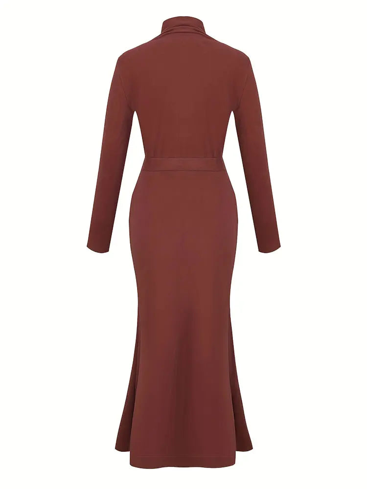 Spring/Autumn 2026 New Arrivals European & American Women's Wear Elegant High-Neck Fitted Long-Sleeve Knitted Dress Evening Wear