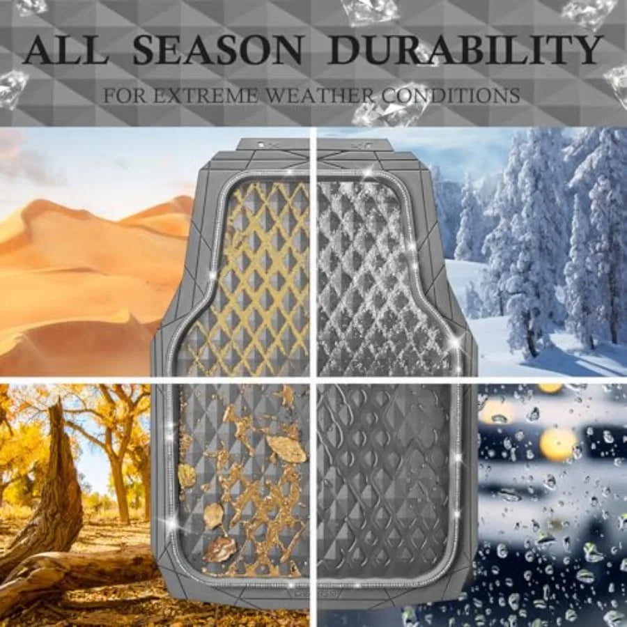 Bling Diamond Rubber Car Mats for All-Weather Use, Gray Heavy Duty Deep Dish 3D Rhombus Waterproof Anti-Slip Floor Mat Set with