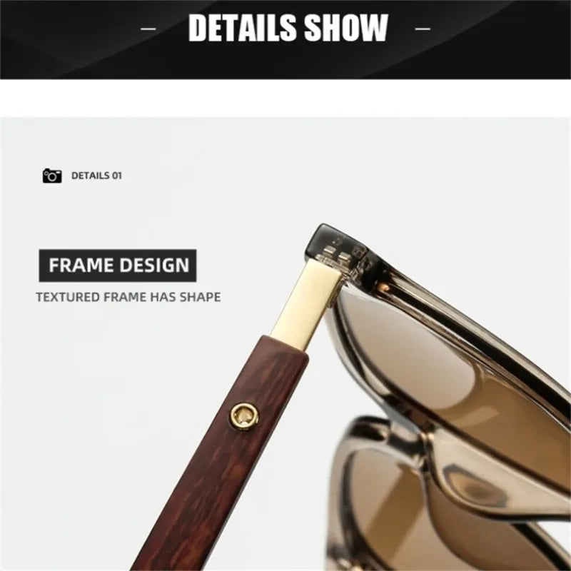 Classic Brown Sunglasses Vintage Aesthetic Square Frame Gradient Lens Wood Texture Eyewear Unisex Sun Glasses Outdoor