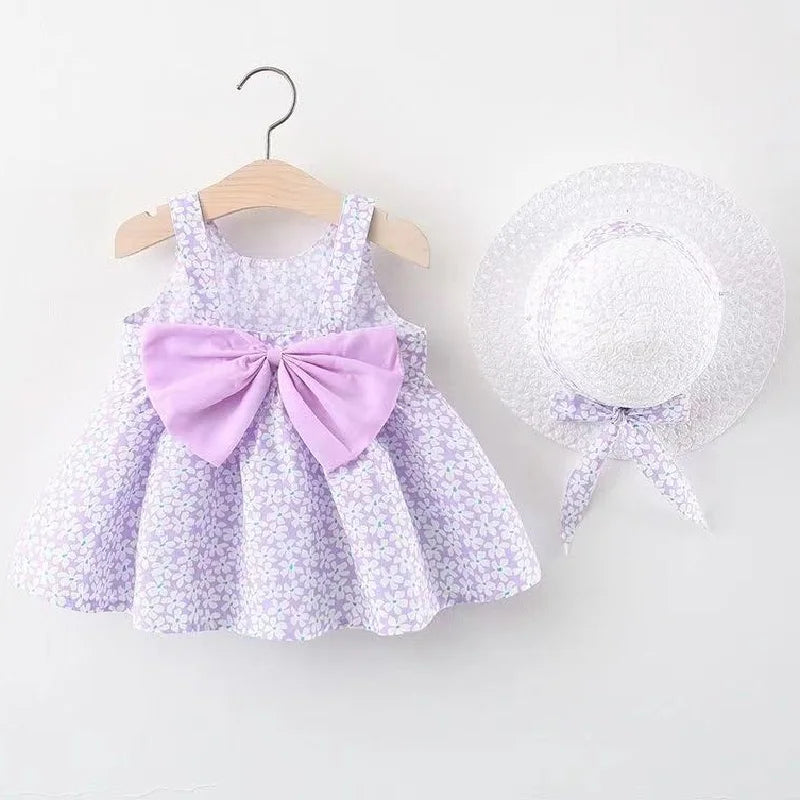 0-3-Year-Old Baby Clothes Summer Seaside Vacation Children's Dress Floral Sleeveless Bow Girl Princess Dress+Hat