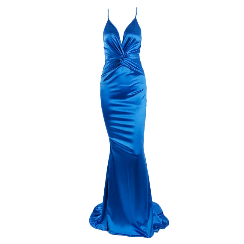 Sexy Lace Up Backless Mermaids Stretch Satin Evening Night Party Dress V Neck Kont Ruched Sleeveless Bodycon Formal Gown